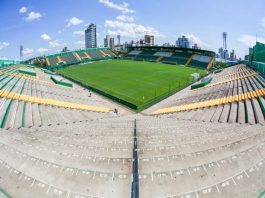 Inter dá adeus ao tri, Figueira deixou futebol no Scarpelli e cadê a Chape? gramado da arena condá visto do alto da arquibancada de canto