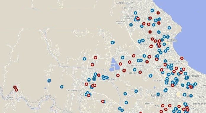 mapa de são josé com pontos azuis e vermelhos indicando casos ativos e casos recuperados