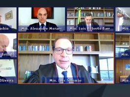 Convenções partidárias poderão ser realizadas por meio virtual, diz TSE print screen mostrando telas de nove ministros do tse e um estaque maior ao centro