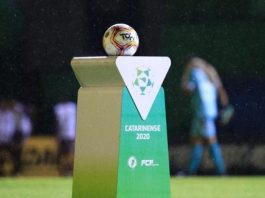 bola de futebol sobre uma bancada personalizada com logos do futebol catarinense 2020