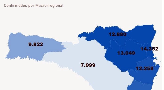 mapa de sc dividido por 6 regiões de saúde mostrando numero de casos e escala de cores conforme numero