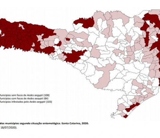 Infestação de Aedes aegypti ocorre em 103 municípios de Santa Catarina mapa de sc mostrando em destaque municípios infestados