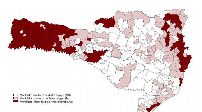 mapa de sc mostrando em destaque municípios infestados