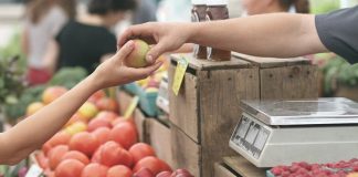 comerciante entrega maça à mão de mulher sobre prateleira de frutas