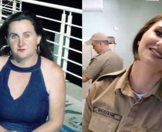 composição de duas fotos: uma de patrícia, sentada em banco no trapiche de são josé, outra de regiane, usando farda com seu nome