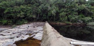 muro de contenção da captação de água do rio pilões, com margem do outro lado ao fundo da foto repleta de árvores