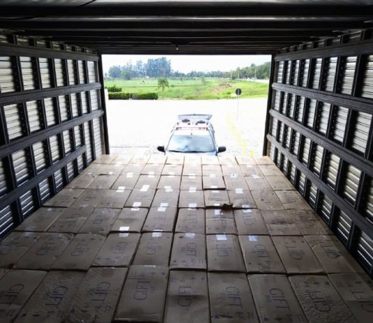 Mais de 110 mil maços de cigarros Gift são apreendidos em Santo Amaro da Imperatriz foto de dentro do baú do caminhão sobre todas as caixas de cigarros gift organizadas; ao fundo baú aberto e viatura lá fora