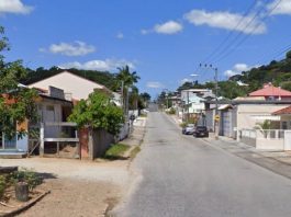 rua de forquilhas ao longo da imagem com diversas residência ao longo. dois carros estacionados