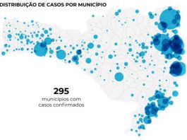 mapa de sc com círculos sobre os municípios com tamanhos de acordo com a quantidade de casos