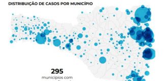 mapa de sc com círculos sobre os municípios com tamanhos de acordo com a quantidade de casos