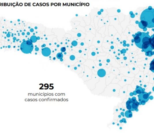 mapa de sc com círculos sobre os municípios com tamanhos de acordo com a quantidade de casos