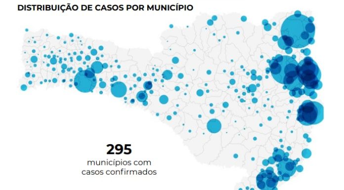 mapa de sc com círculos sobre os municípios com tamanhos de acordo com a quantidade de casos