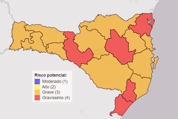 mapa de sc com escala de cores de acordo com a classificação para cada região