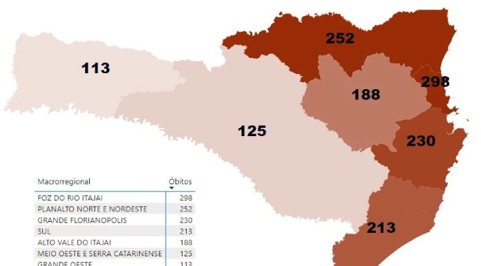 mapa de santa catarina com quantidade de mortes por região
