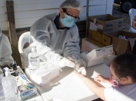 Testagem na Ocupação Contestado identifica 21 pessoas com coronavírus profissional de saude trajado com epi faz teste em dedo de menina com braço estendido sobre mesa de plástico; materiais de testes sobre a mesa