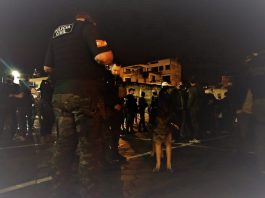 policiais em pé em foto noturna no pátio da delegacia; cachorro pastor alemão ao centro