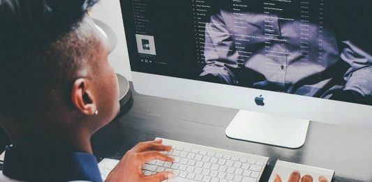 8% das pessoas ocupadas Santa Catarina trabalham em home office homem negro jovem visto de costas trabalhando em computador com dados na tela