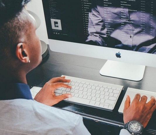 8% das pessoas ocupadas Santa Catarina trabalham em home office homem negro jovem visto de costas trabalhando em computador com dados na tela