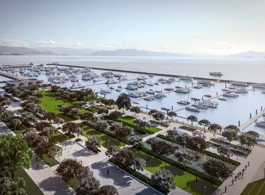 projeto gráfico da marina sobre a baía-norte mostar os barcos ancorados e grande área de parque na orla