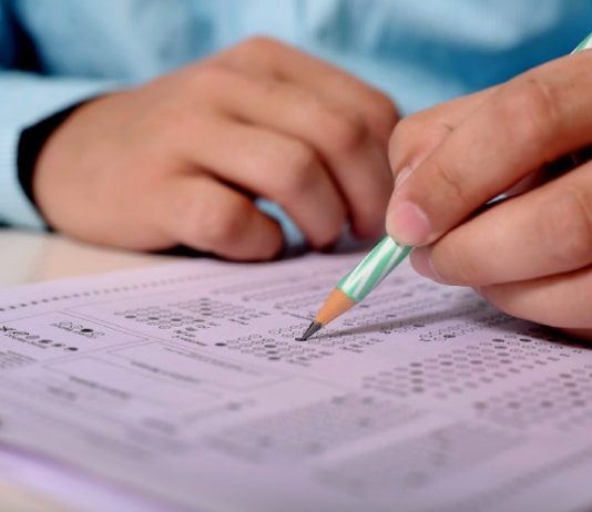 18 concursos públicos: close em mãos de homem segurando lápis fazendo anotações em tabela de resposta