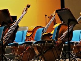 instrumentos musicais como violoncelos e contrabaixos apoiados ao lado de cadeiras de orquestra