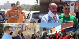 composição de quatro fotos dos candidatos thiago, salum, orvino e ary em campanha na rua com mais pessoas