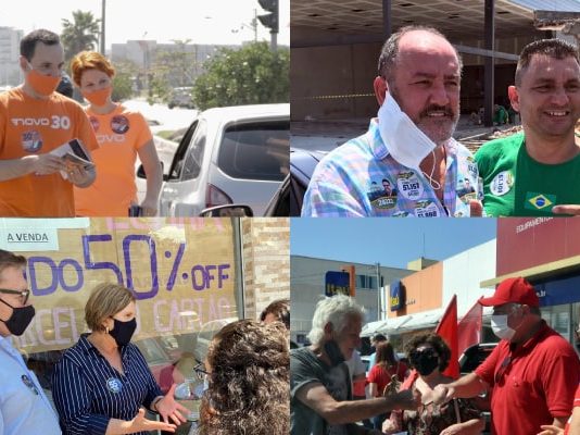 Campanhas ganham força em São José: a semana de movimentação dos candidatos a prefeito composição de quatro fotos dos candidatos thiago, salum, orvino e ary em campanha na rua com mais pessoas