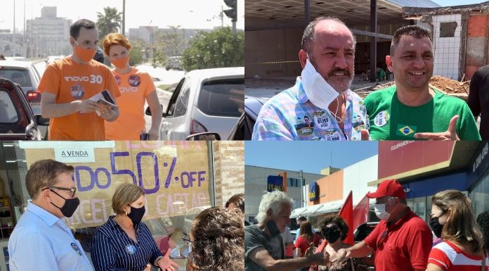 composição de quatro fotos dos candidatos thiago, salum, orvino e ary em campanha na rua com mais pessoas