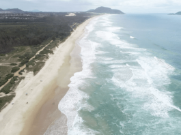 Imagem aérea de praia do litoral catarinense - alerta de ventos e mar agitado