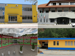 Quatro fotos de prefeituras da Grande Florianópolis, em cima a esquerda Governador Celso Ramos, em cima a direita Nova Trento, embaixo a esquerda Águas Mornas e embaixo a direita Angelina