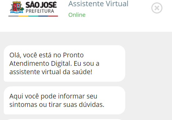 chat com assistente a virtual da prefeitura de São José que faz perguntas sobre sintomas que podem ser de covid-19