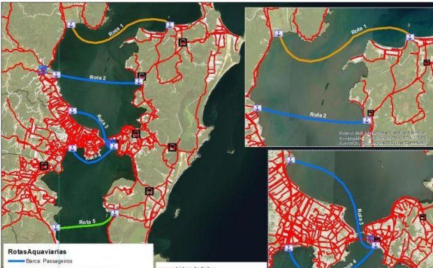 desenho do mapa de Florianópolis com traços nas cores azul, laranja e verde para destacar as cinco rotas possíveis