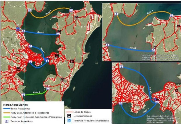 desenho do mapa de Florianópolis com traços nas cores azul, laranja e verde para destacar as cinco rotas possíveis