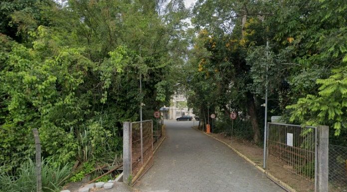 entrada do departamento de química em meio à mata onde foi encontrado o corpo na ufsc