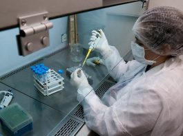 pesquisadora manipula amostras para sequenciar genoma do coronavírus, ela usa equipamentos de proteção e uma seringa especial
