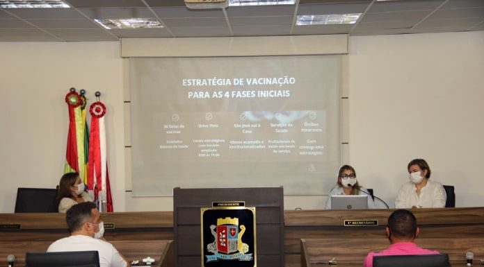 Prefeitura de São José presta esclarecimentos à câmara sobre plano de vacinação - pessoas na reunião na câmara e apresentação em tela