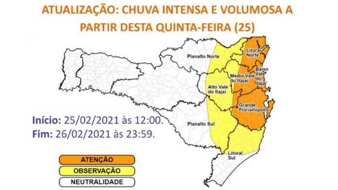 Mapa de Santa Catarina mostrando a quantidade de chuva prevista para os próximos dias