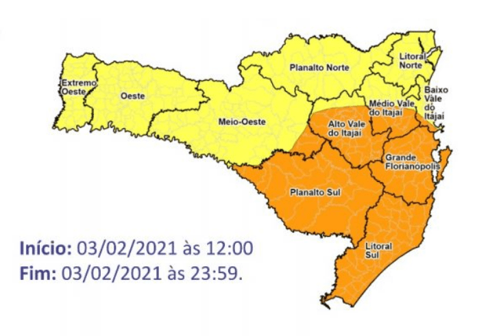 Defesa Civil: Mapa de Santa Catarina com divisões em áreas de amarelo e laranja