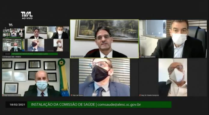 Captura de tela de reunião com deputados da Comissão da Saúde da Alesc. Na imagem, seis telas, a primeira uma versão menor da da imagem completa e nas outras telas os deputados.