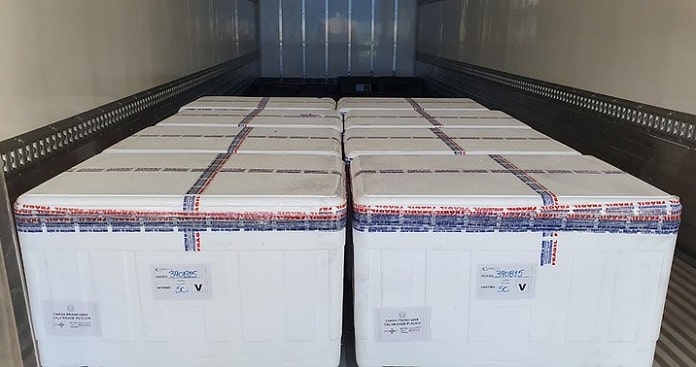 seis caixas de isopor onde está acondicionado o quarto lote de vacinas enviado a santa catarina