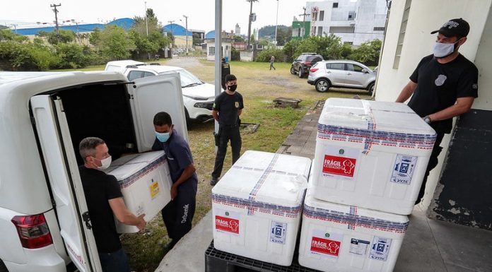 homens retiraram de carro as caixas de isopor contendo doses da vacina Oxford observados por um policial federal em área externa