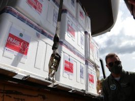 Estado recebe mais 141,4 mil doses contra Covid-19 nesta sexta-feira caixas de isopor com as doses de vacina; adesivos na parte externa com desenho do zé gotinha; militar da aeronáutica ao lado com máscara e óculos escuro