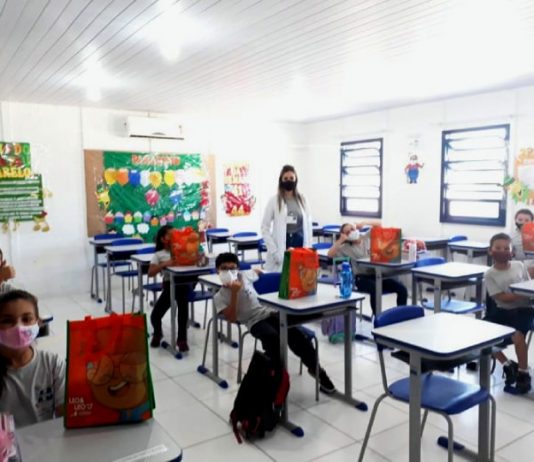 TCE vai avaliar escolas municipais da Grande Florianópolis para as aulas presenciais professora em sala de aula com alguns alunos em carteiras, todos de máscara - justiça anula a suspensão de aulas na grande florianópolis