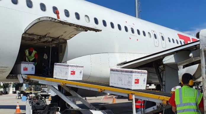 três caixas de isopor sobre esteira saindo de compartimento de carga do avião; nas caixas há as doses de vacinas contra coronavírus para vacinação contra covid