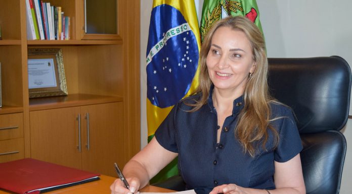 daniela reinher sorridente com caneta na mão sobre caderno sentada em mesa de escritório