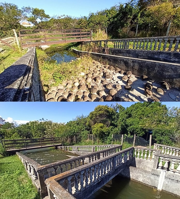 duas fotos mostrando antes e depois do vão de captação de água; primeira cheio de pedras e seco, segunda com grande quantidade de água abaixo de ponte