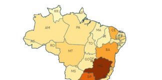 mapa do brasil divido por estado com escala de cor conforme maior quantidade de casos - sc é o mais escuro - estado teve 80 mortes registradas em um dia