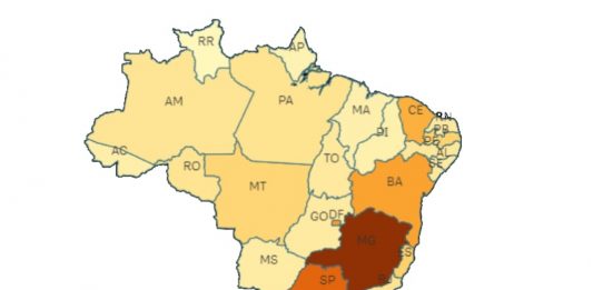 mapa do brasil divido por estado com escala de cor conforme maior quantidade de casos - sc é o mais escuro - estado teve 80 mortes registradas em um dia