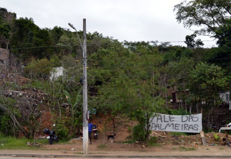 faixa "vale das palmeiras" em frente à área de mata e casas da ocupação; poste em frente à avenida