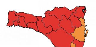 matriz de risco ao coronavírus em sc - mapa do estado divivido em 16 regiões - grande florianópolis e mais três em risco grave